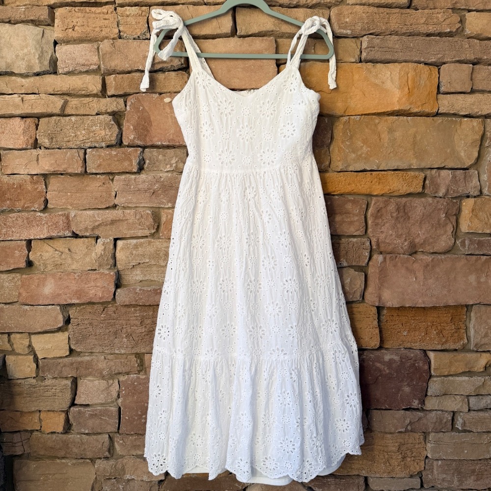 Lulus M White Eyelet Cotton Tie Strap Tiered Midi Dress Womens Graduation Easter - Picture 5 of 15